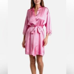 Linea Donatella Satin/Lace Kimono Robe Misty Rose
